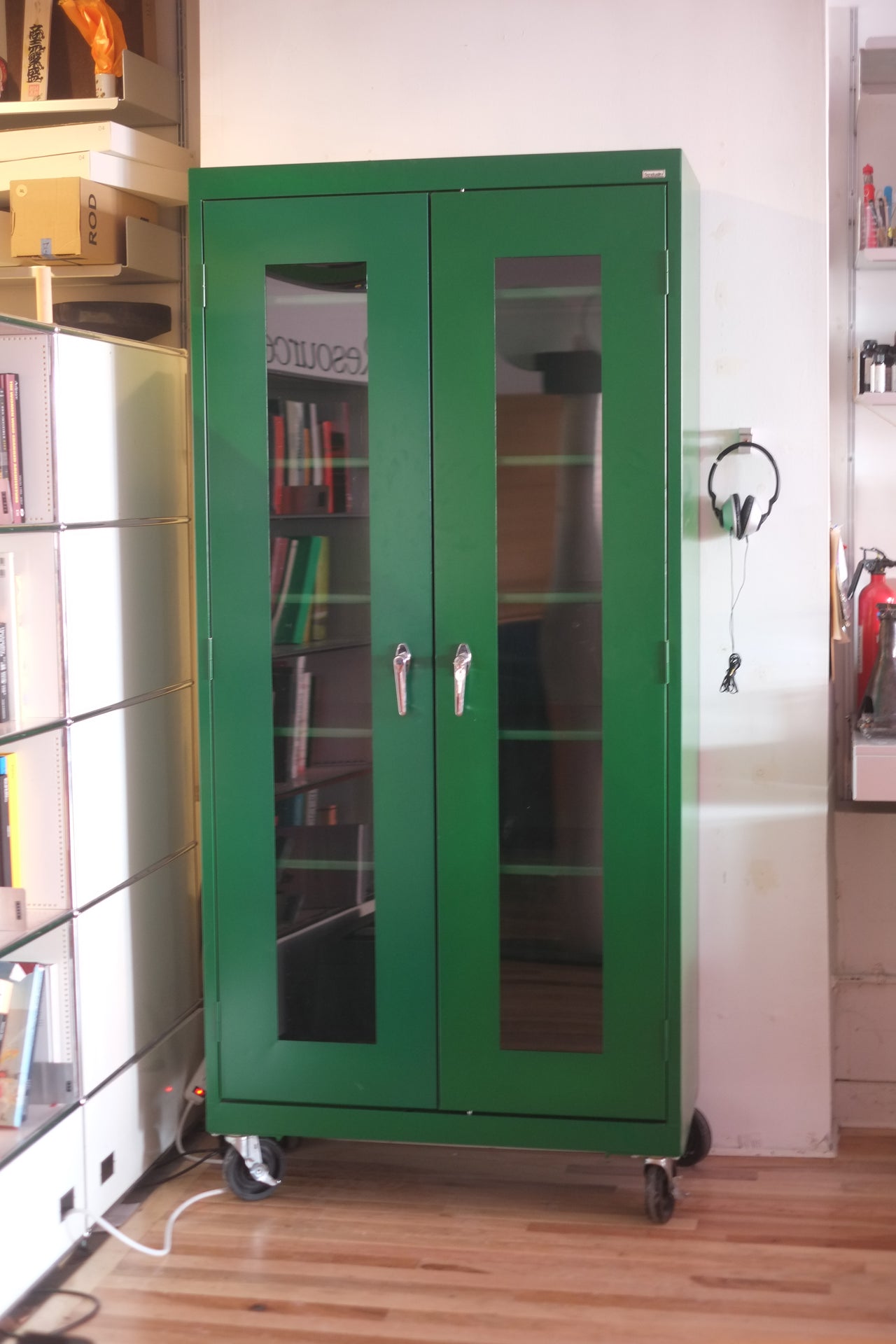 Metal and Glass Sandusky Cabinet w/ Casters